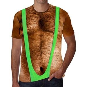 Novelty Hairy Chest T-Shirt with Green Suspenders Print L (c)